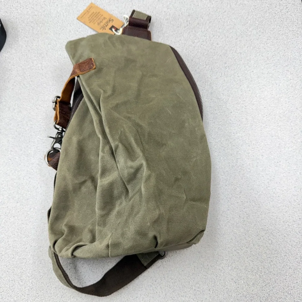 Samic Vintage Mens Waxed Canvas Leather Sling Bag Crossbody Backpack Olive Green